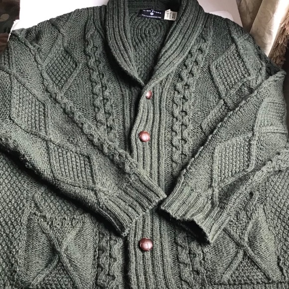 Men’s Heritage Aran Shawl Collar Button Cardigan olive green made Ireland 🇮🇪 - Picture 6 of 14